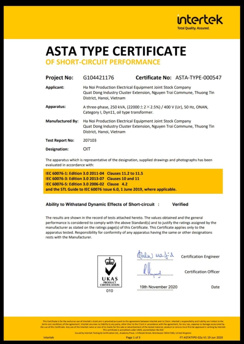 Máy biến áp LE được cấp chứng nhận ASTA bởi Intertek