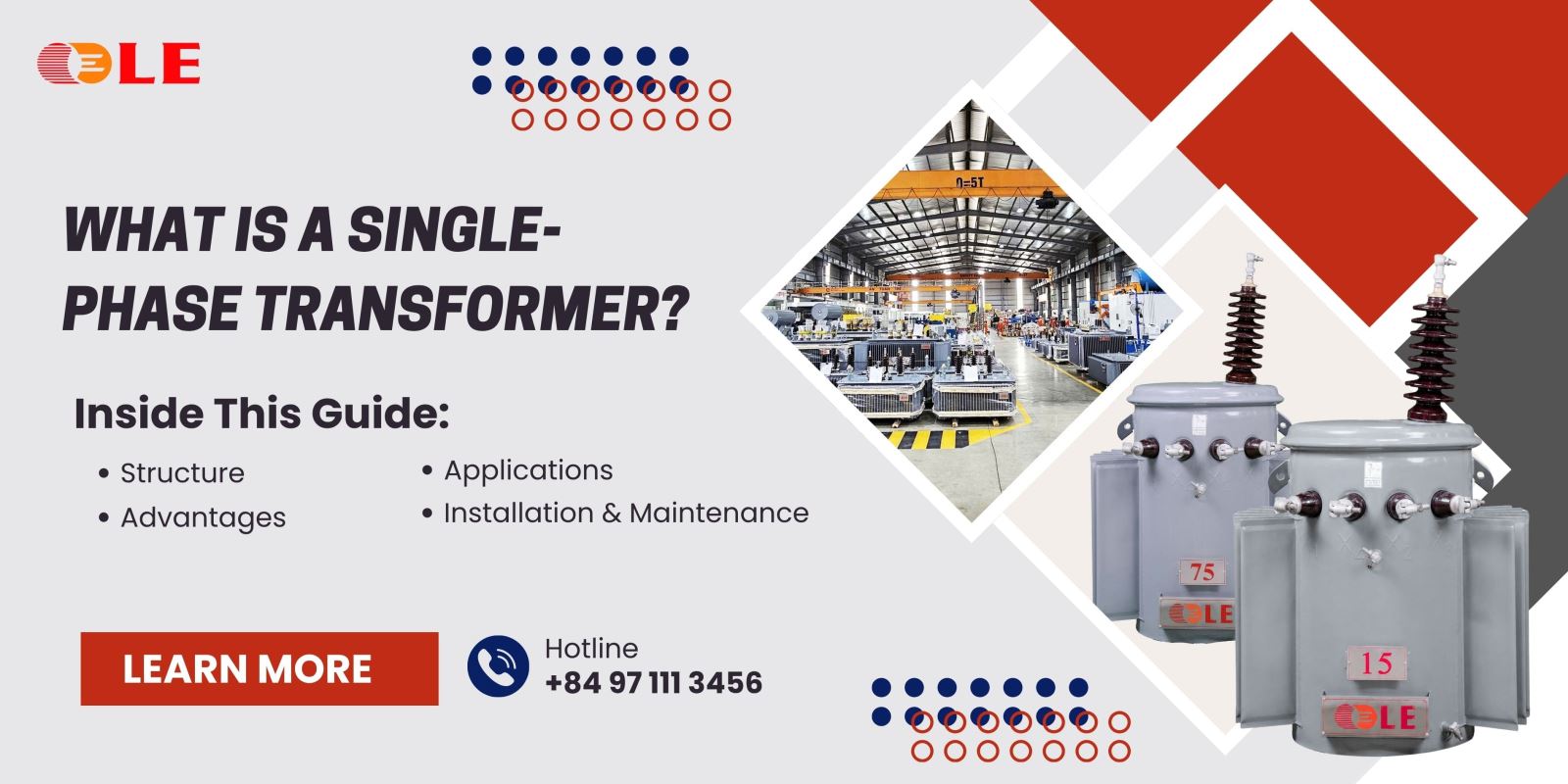 Single-phase transformer applications and key features.